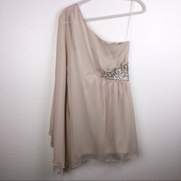 Free People Dress Size 2 Fairy One Shoulder Chiffon Goddess Champagne beaded P - Picture 7 of 8